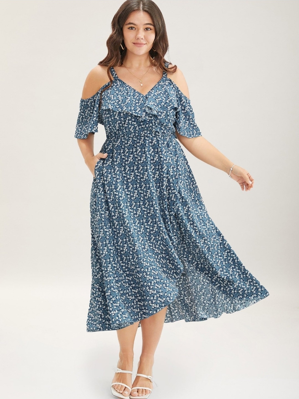 BloomChic Blue Floral Cold-Shoulder Midi Dress 18-20